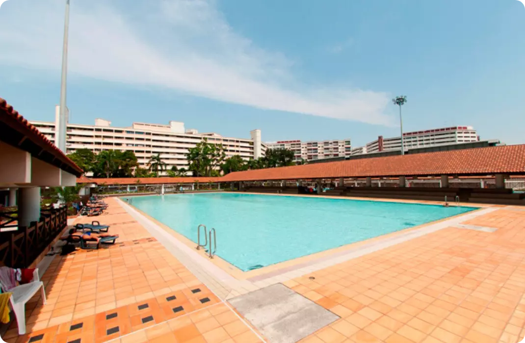 Hougang ActiveSg Public Swimming Complex with shelter, swimming lanes, sitting areas and deep pool