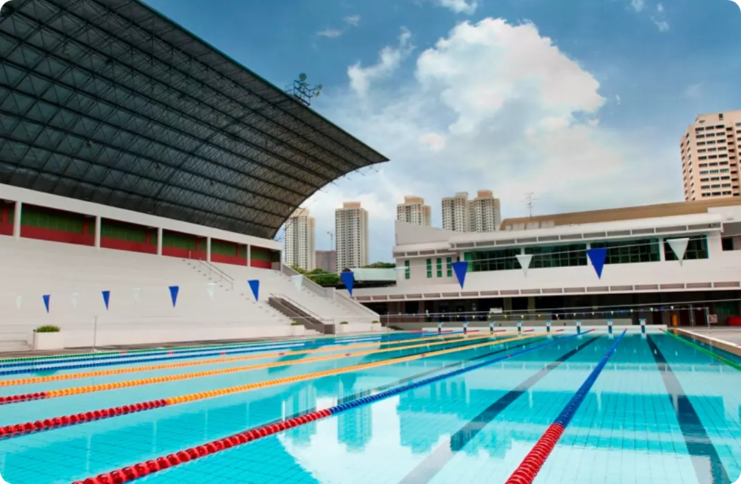 Toa Payoh ActiveSg Public Swimming Complex with shelter, swimming lanes, sitting areas and deep pool